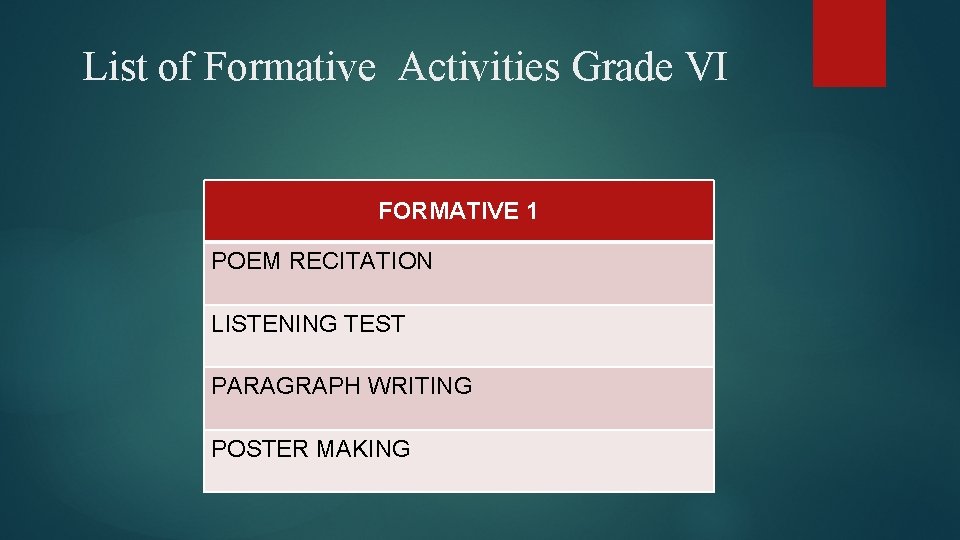 List of Formative Activities Grade VI FORMATIVE 1 POEM RECITATION LISTENING TEST PARAGRAPH WRITING