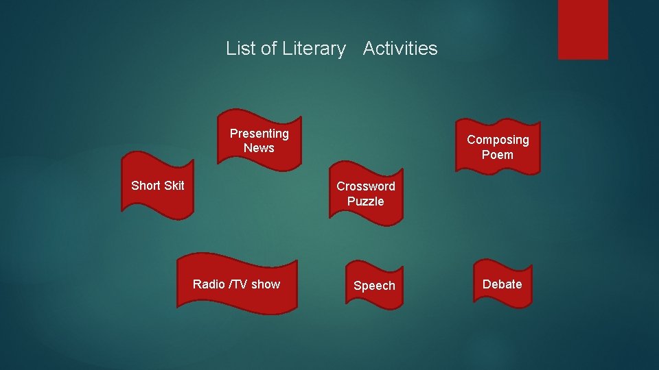 List of Literary Activities Presenting News Short Skit Composing Poem Crossword Puzzle Radio /TV