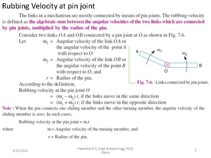 Rubbing Velocity at pin joint 3/10/2016 Hareesha N G, Dept of Aero Engg, DSCE,