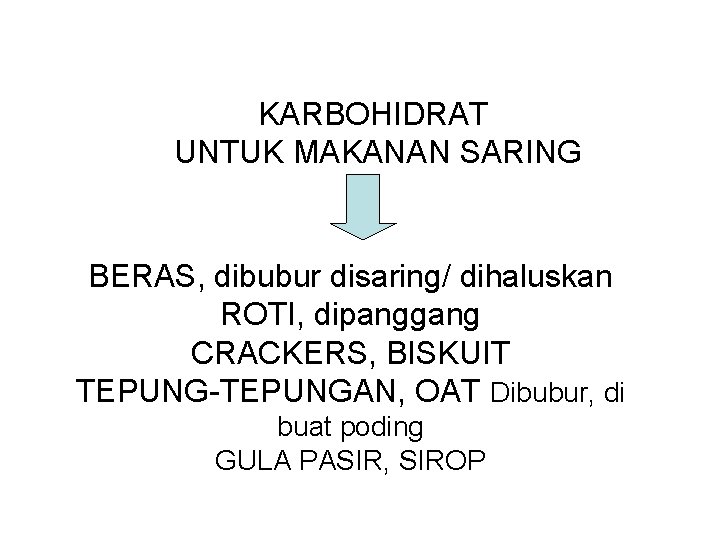 KARBOHIDRAT UNTUK MAKANAN SARING BERAS, dibubur disaring/ dihaluskan ROTI, dipanggang CRACKERS, BISKUIT TEPUNG-TEPUNGAN, OAT