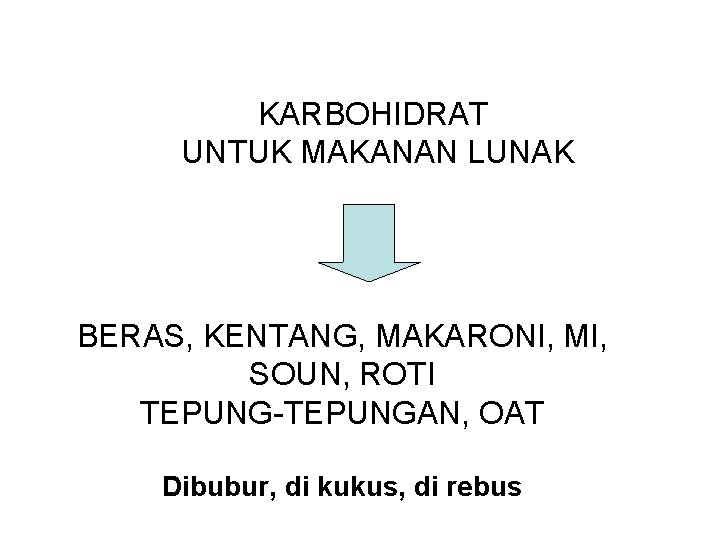 KARBOHIDRAT UNTUK MAKANAN LUNAK BERAS, KENTANG, MAKARONI, MI, SOUN, ROTI TEPUNG-TEPUNGAN, OAT Dibubur, di