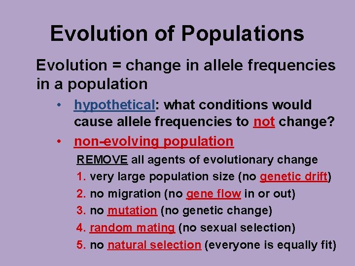 Evolution of Populations Evolution = change in allele frequencies in a population • hypothetical: