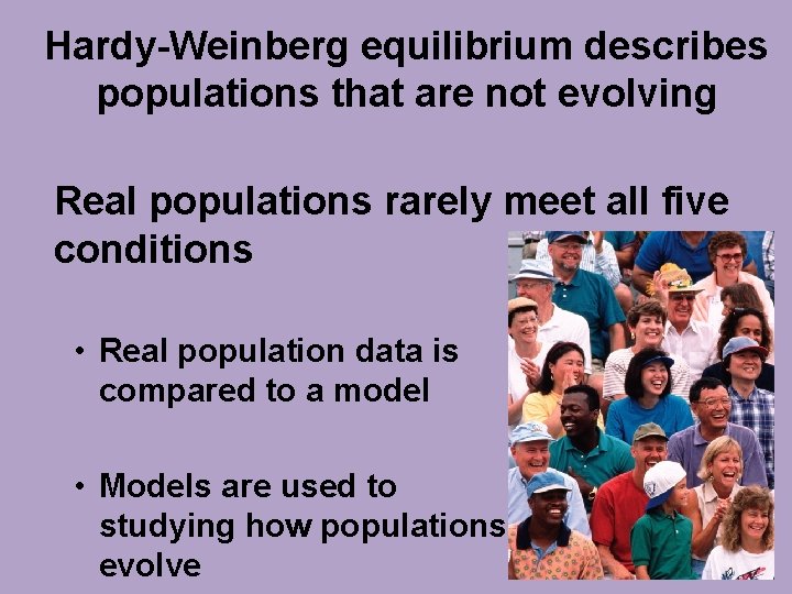 Hardy-Weinberg equilibrium describes populations that are not evolving Real populations rarely meet all five