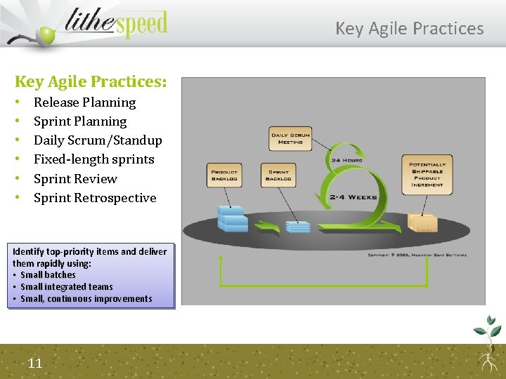 Key Agile Practices: • • • Release Planning Sprint Planning Daily Scrum/Standup Fixed-length sprints