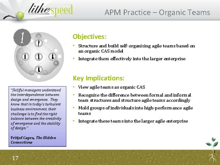 APM Practice – Organic Teams Objectives: • Structure and build self-organizing agile teams based