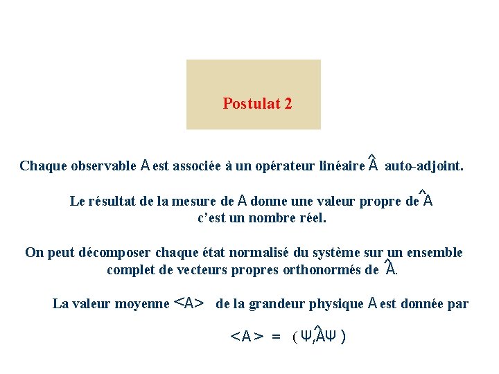 Postulat 2 ^ Chaque observable A est associée à un opérateur linéaire A auto-adjoint.