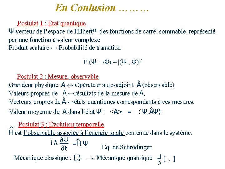 En Conlusion ……… Postulat 1 : Etat quantique Ψ vecteur de l’espace de Hilbert