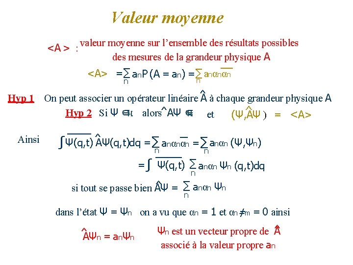 Valeur moyenne <A > : valeur moyenne sur l’ensemble des résultats possibles des mesures