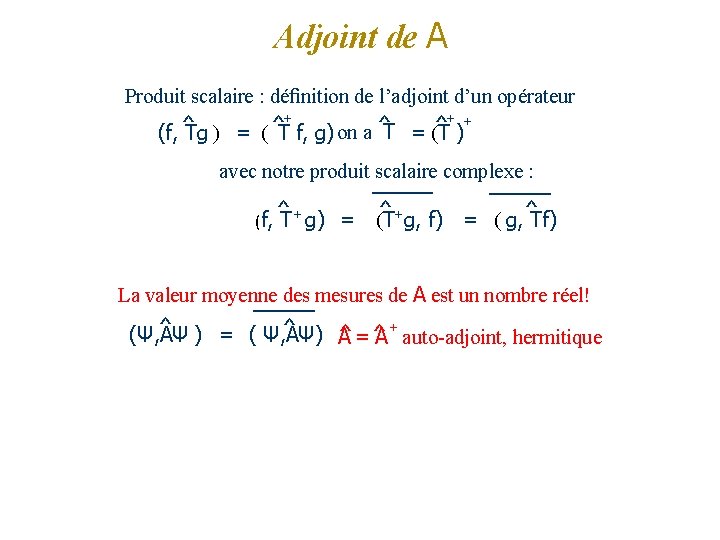 Adjoint de A Produit scalaire : déﬁnition de l’adjoint d’un opérateur ^ ^+ +