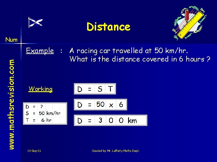 Distance www. mathsrevision. com Num Example : A racing car travelled at 50 km/hr.