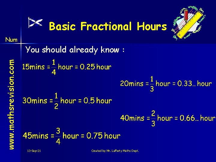 Basic Fractional Hours www. mathsrevision. com Num You should already know : 13 -Sep-21