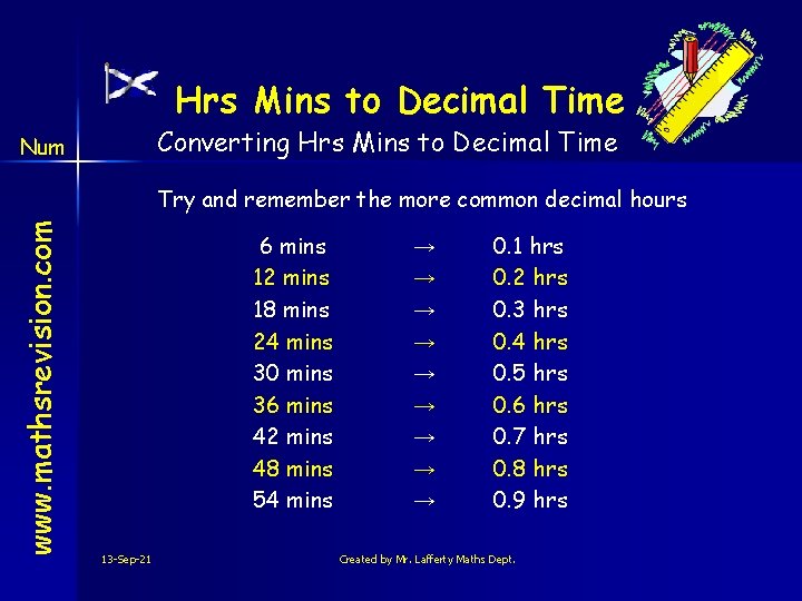 Hrs Mins to Decimal Time Converting Hrs Mins to Decimal Time Num www. mathsrevision.