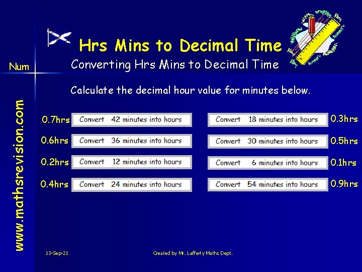 Hrs Mins to Decimal Time Converting Hrs Mins to Decimal Time Num www. mathsrevision.