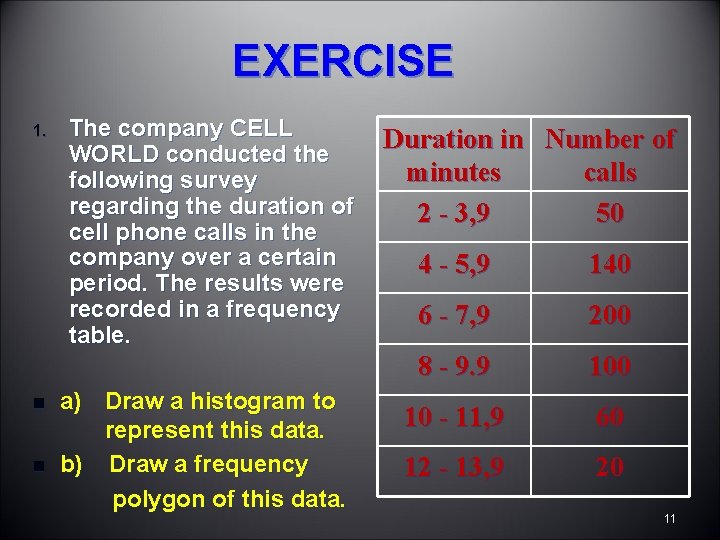 EXERCISE 1. n n The company CELL WORLD conducted the following survey regarding the