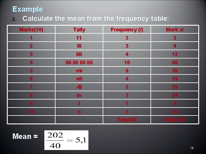 Example 2. Calculate the mean from the frequency table: Marks(10) Tally Frequency (/) Mark