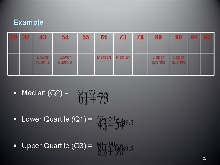 Example 20 32 43 54 Lower quartile 55 61 73 Median 78 89 90