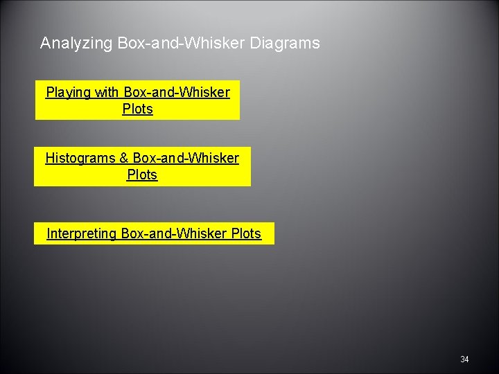 Analyzing Box-and-Whisker Diagrams Playing with Box-and-Whisker Plots Histograms & Box-and-Whisker Plots Interpreting Box-and-Whisker Plots