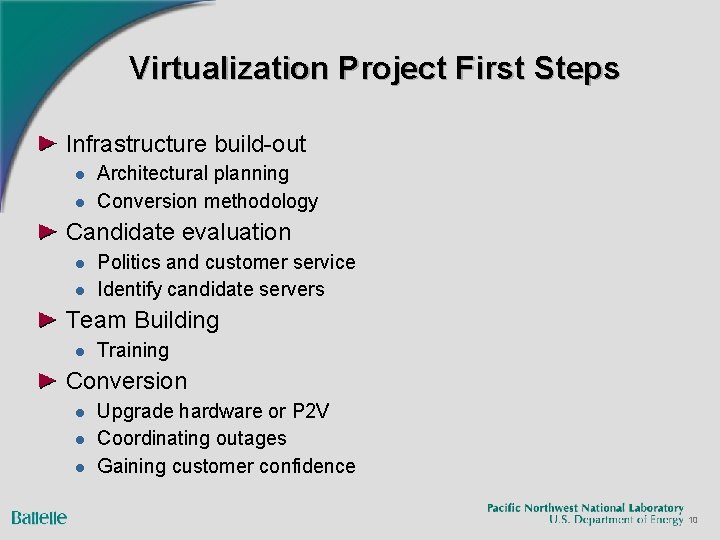 Virtualization Project First Steps Infrastructure build-out l l Architectural planning Conversion methodology Candidate evaluation