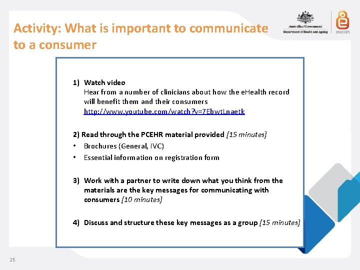 Activity: What is important to communicate to a consumer 1) Watch video Hear from