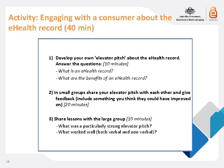 Activity: Engaging with a consumer about the e. Health record (40 min) 1) Develop