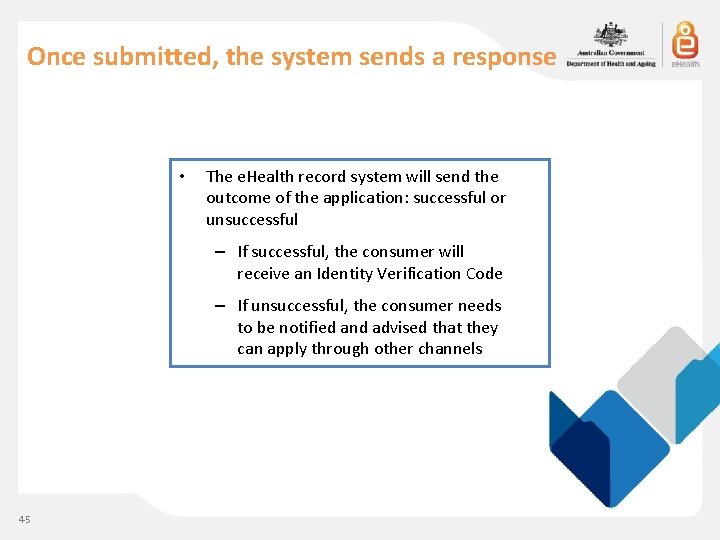 Once submitted, the system sends a response • The e. Health record system will