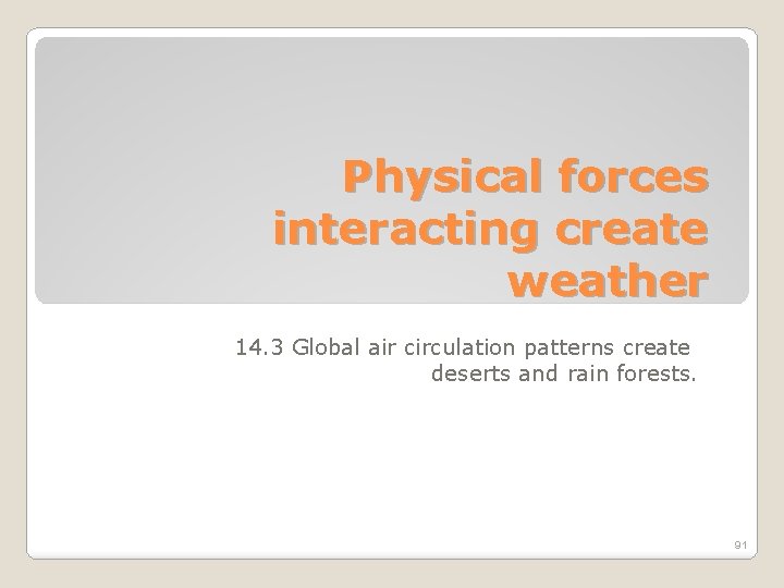 Physical forces interacting create weather 14. 3 Global air circulation patterns create deserts and