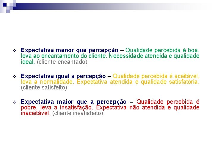 v Expectativa menor que percepção – Qualidade percebida é boa, leva ao encantamento do