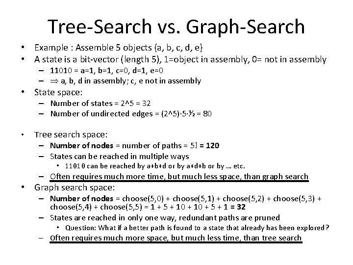 Tree-Search vs. Graph-Search • Example : Assemble 5 objects {a, b, c, d, e}