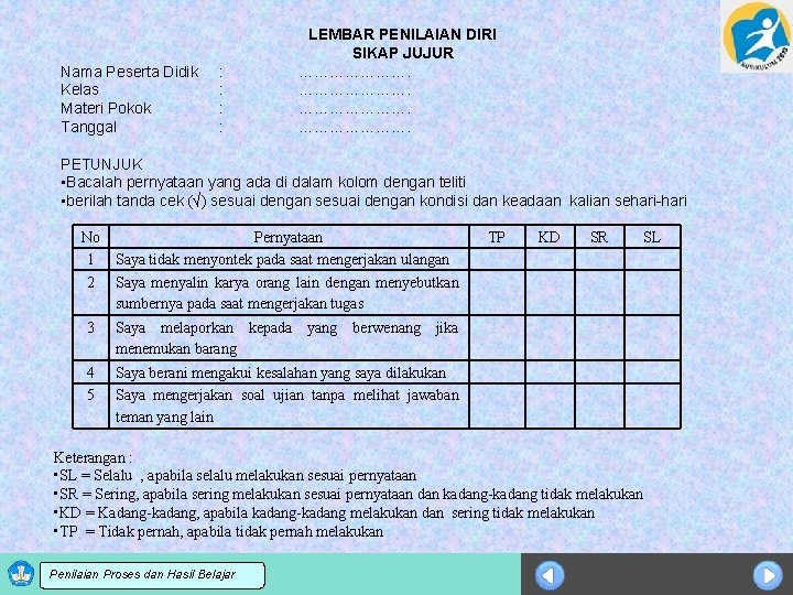 Nama Peserta Didik Kelas Materi Pokok Tanggal : : LEMBAR PENILAIAN DIRI SIKAP JUJUR