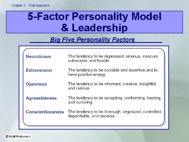 Chapter 2 - Trait Approach 5 -Factor Personality Model & Leadership Big Five Personality