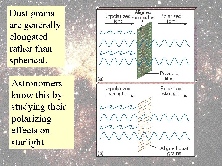 Dust grains are generally elongated rather than spherical. Astronomers know this by studying their