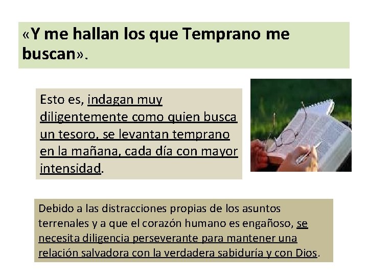  «Y me hallan los que Temprano me buscan» . Esto es, indagan muy