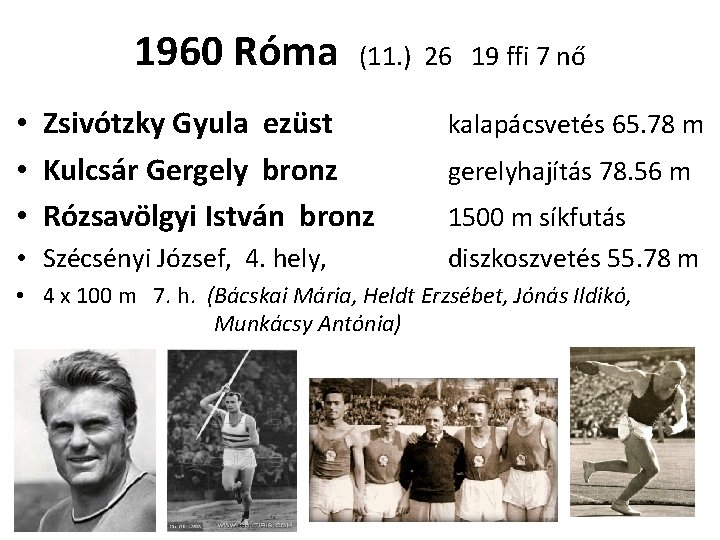 1960 Róma (11. ) 26 19 ffi 7 nő • Zsivótzky Gyula ezüst •