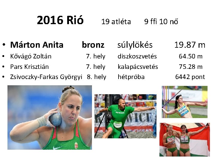 2016 Rió • Márton Anita 19 atléta bronz • Kővágó Zoltán 7. hely •