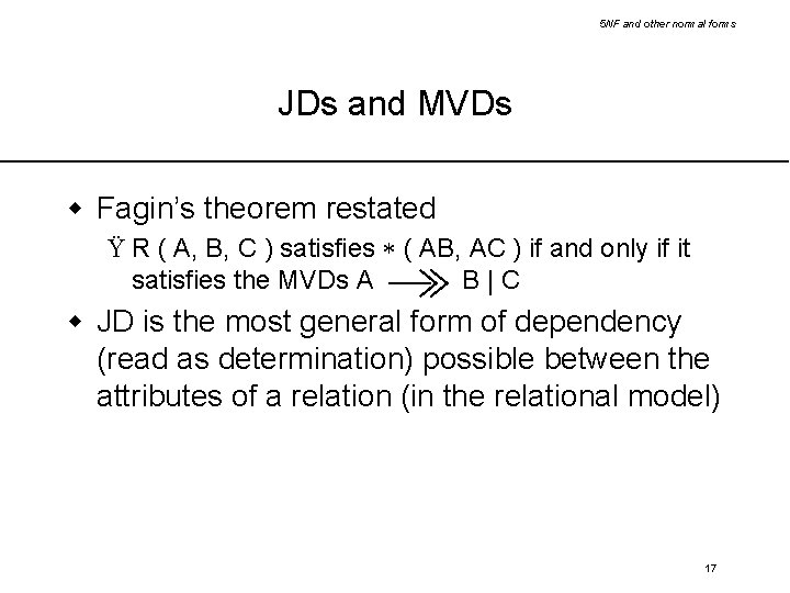 5 NF and other normal forms JDs and MVDs w Fagin’s theorem restated Ÿ