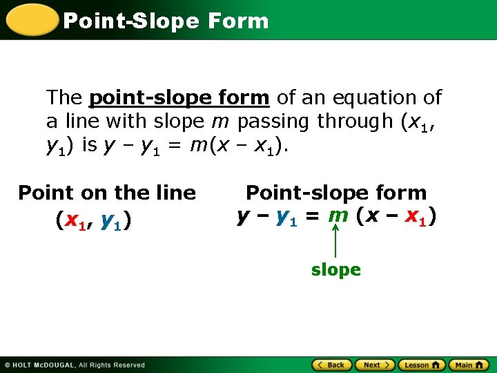 Point-Slope Form The point-slope form of an equation of a line with slope m