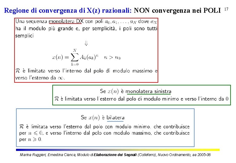 Regione di convergenza di X(z) razionali: NON convergenza nei POLI Marina Ruggieri, Ernestina Cianca,