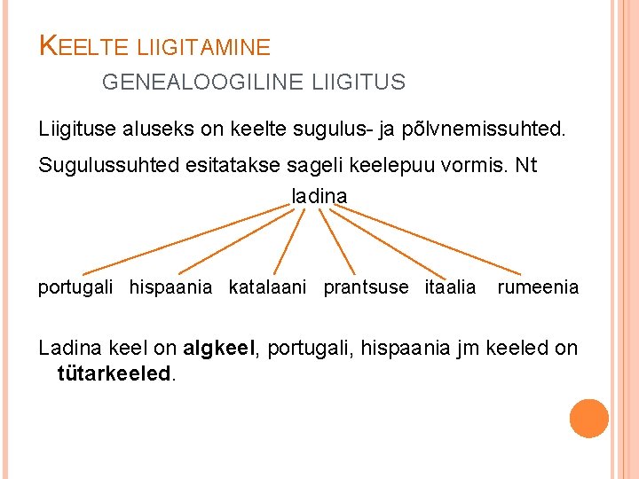 KEELTE LIIGITAMINE GENEALOOGILINE LIIGITUS Liigituse aluseks on keelte sugulus- ja põlvnemissuhted. Sugulussuhted esitatakse sageli