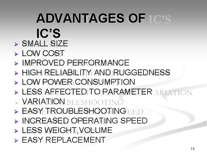 ADVANTAGES OF IC’S SMALL SIZE LOW COST IMPROVED PERFORMANCE HIGH RELIABILITY AND RUGGEDNESS LOW