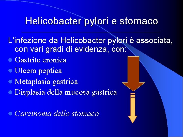 Helicobacter pylori e stomaco L’infezione da Helicobacter pylori è associata, con vari gradi di