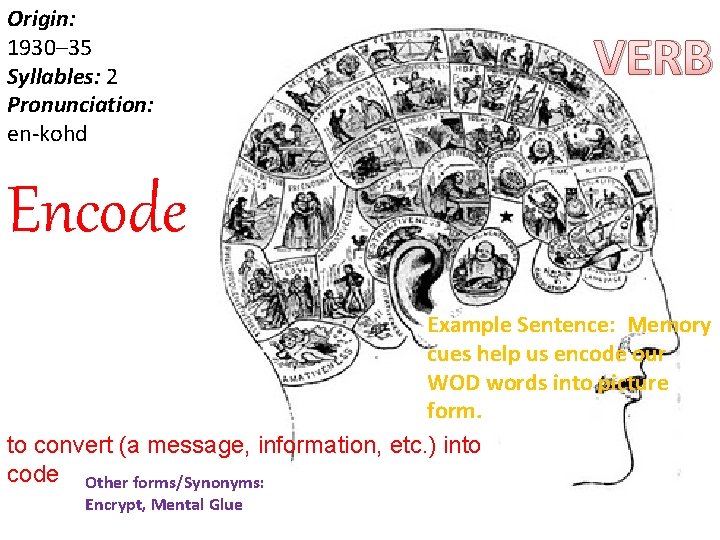 Origin: 1930– 35 Syllables: 2 Pronunciation: en-kohd VERB Encode Example Sentence: Memory cues help