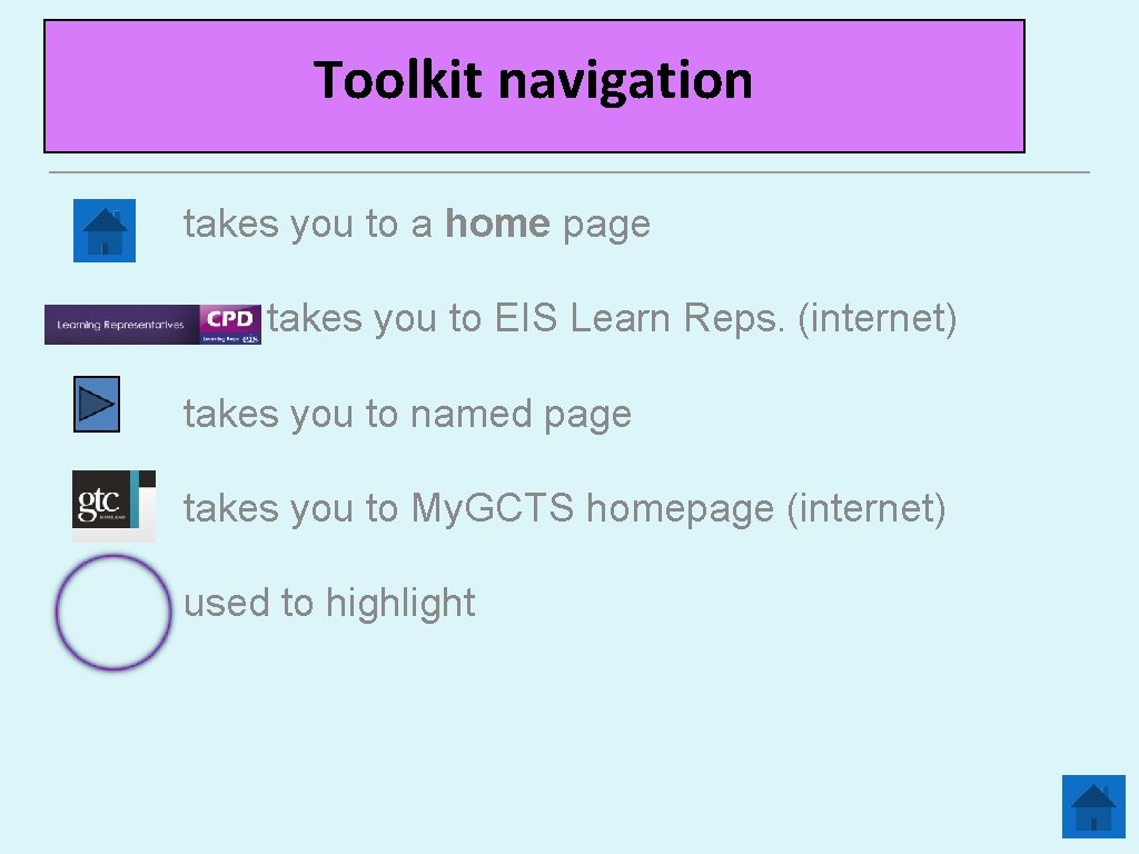 Toolkit navigation takes you to a home page takes you to EIS Learn Reps.
