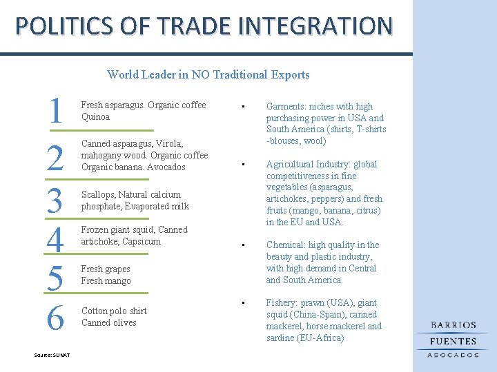 POLITICS OF TRADE INTEGRATION World Leader in NO Traditional Exports 1 2 3 4