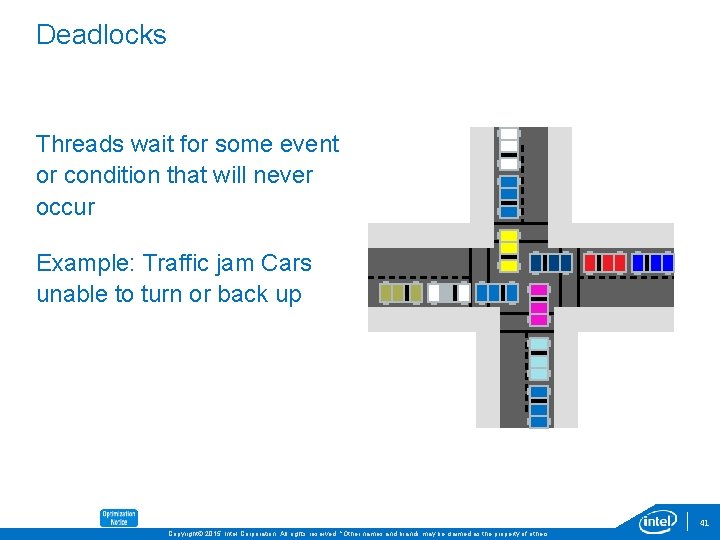 Deadlocks Threads wait for some event or condition that will never occur Example: Traffic