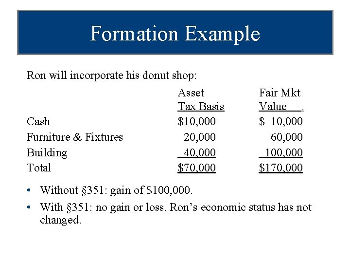 Formation Example Ron will incorporate his donut shop: Asset Tax Basis Cash $10, 000