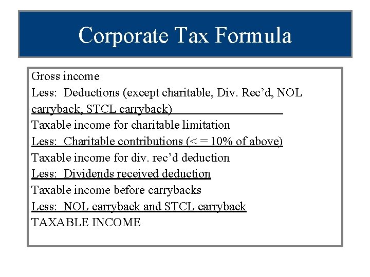 Corporate Tax Formula Gross income Less: Deductions (except charitable, Div. Rec’d, NOL carryback, STCL