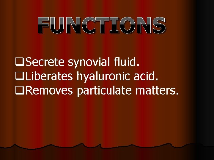 FUNCTIONS q. Secrete synovial fluid. q. Liberates hyaluronic acid. q. Removes particulate matters. 
