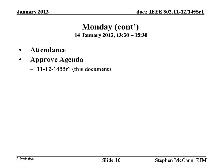 January 2013 doc. : IEEE 802. 11 -12/1455 r 1 Monday (cont’) 14 January