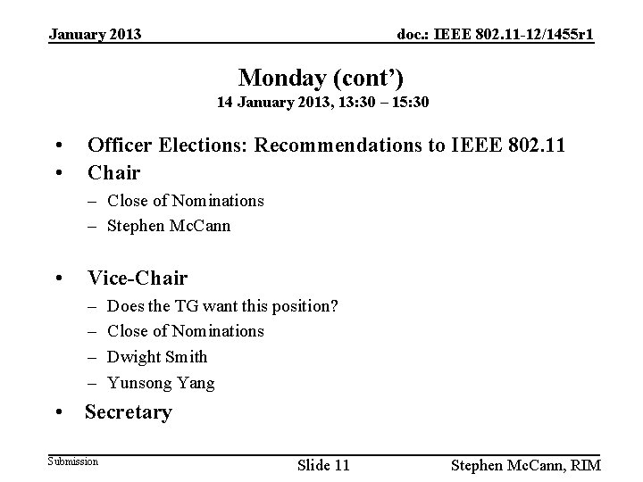 January 2013 doc. : IEEE 802. 11 -12/1455 r 1 Monday (cont’) 14 January