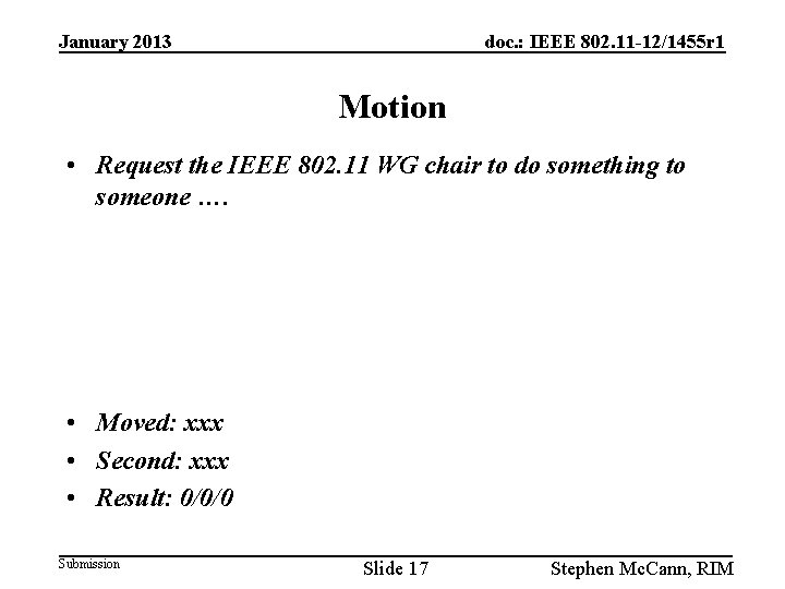 January 2013 doc. : IEEE 802. 11 -12/1455 r 1 Motion • Request the